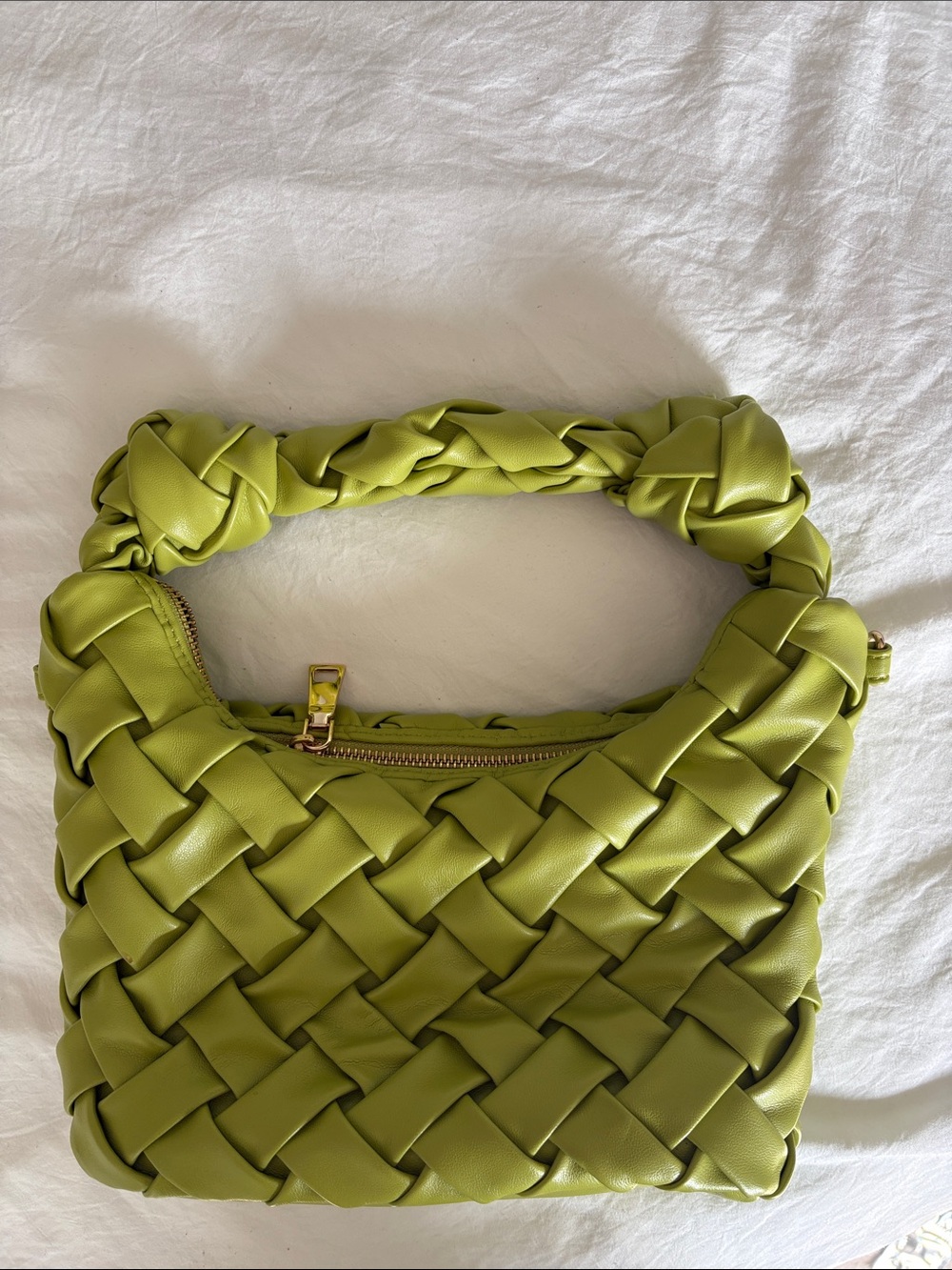 Woven Leather Shoulder Bag - Lime Green